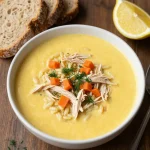 A bowl of Greek lemon chicken soup garnished with fresh herbs