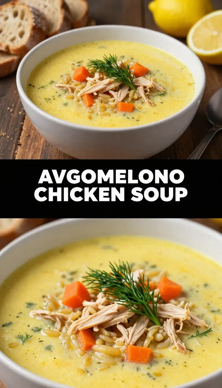 A bowl of Greek lemon chicken soup garnished with fresh herbs
