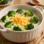 A creamy bowl of chicken broccoli cheese soup garnished with fresh herbs