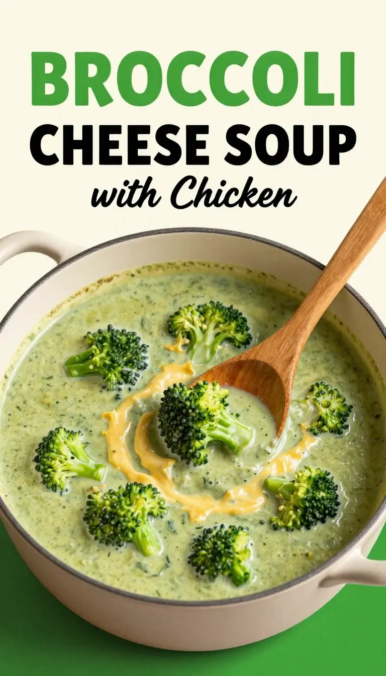 A creamy bowl of chicken broccoli cheese soup garnished with fresh herbs