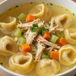 A steaming bowl of chicken tortellini soup garnished with fresh parsley