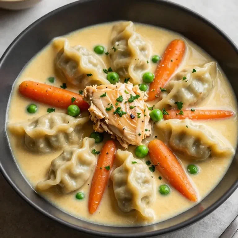 A bowl of slow cooker chicken and dumplings garnished with parsley