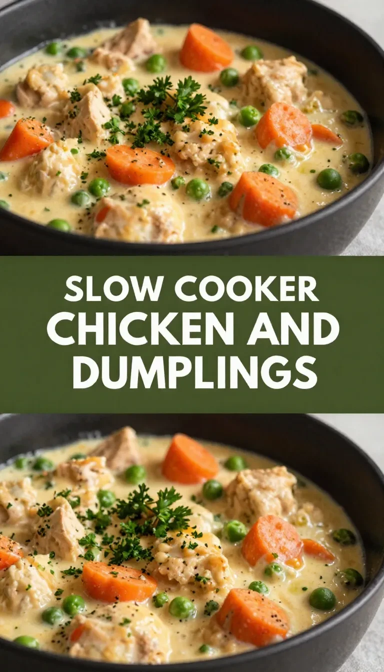 A bowl of slow cooker chicken and dumplings garnished with parsley