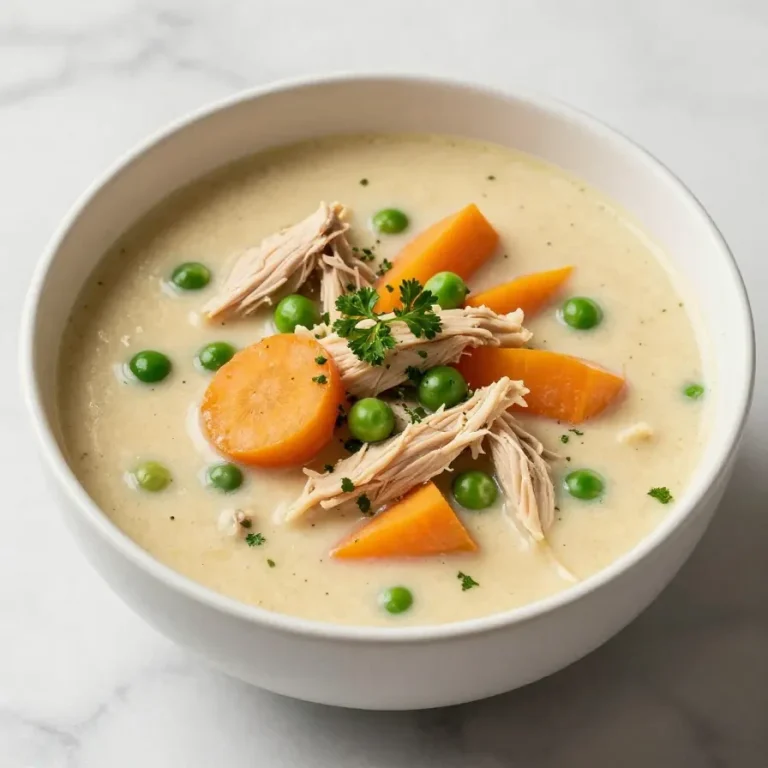 A warm bowl of chicken pot pie soup topped with fresh herbs and flaky pastry pieces