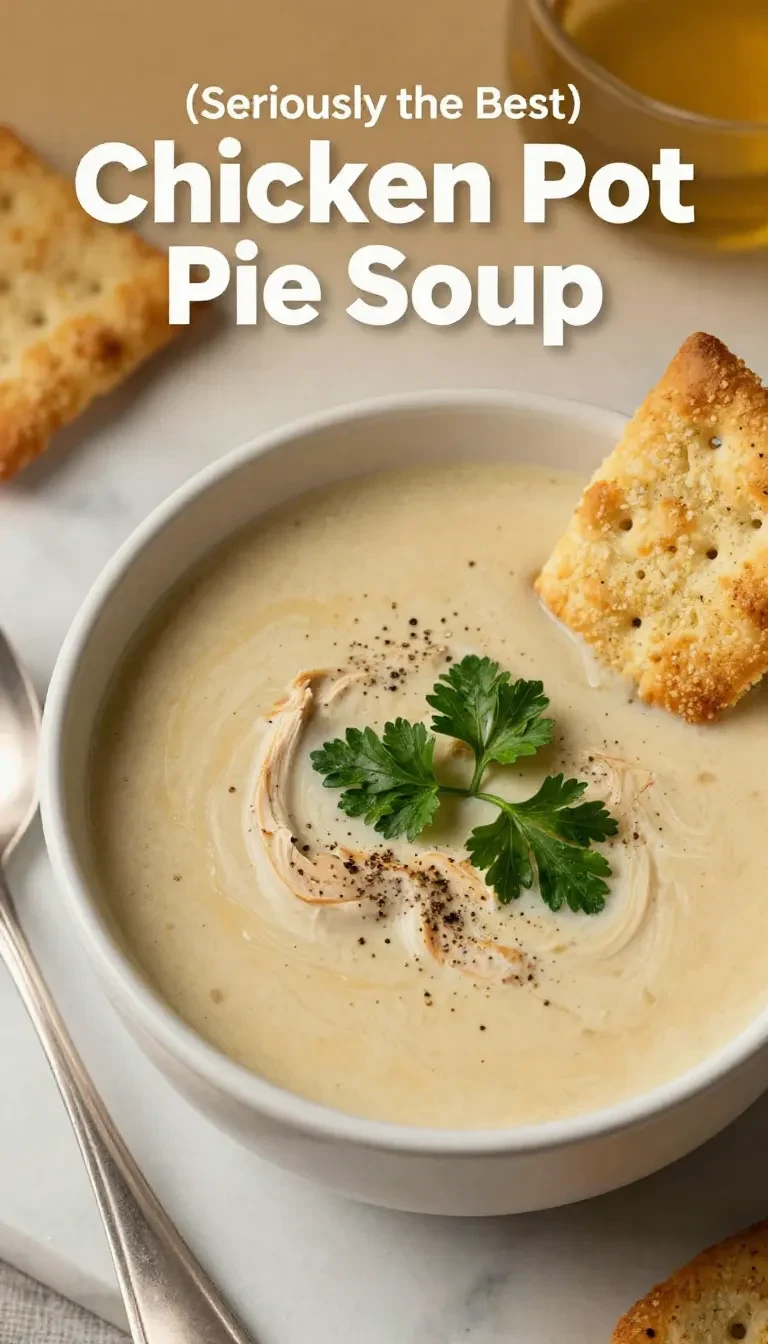 A warm bowl of chicken pot pie soup topped with fresh herbs and flaky pastry pieces
