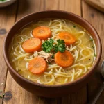 A steaming bowl of slow cooker chicken noodle soup with fresh herbs and vegetables