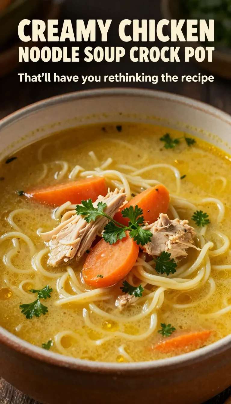 A steaming bowl of slow cooker chicken noodle soup with fresh herbs and vegetables