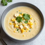 A bowl of Mexican corn and chicken soup garnished with cilantro and lime slices