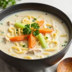 A bowl of creamy chicken noodle soup garnished with parsley and served with a slice of bread