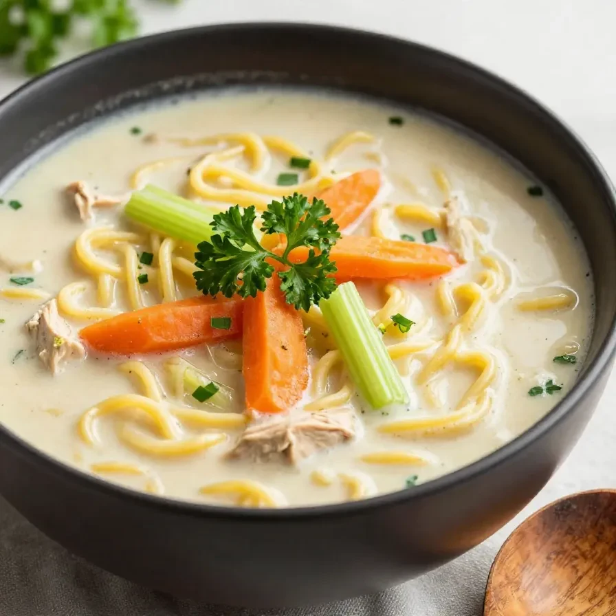 A bowl of creamy chicken noodle soup garnished with parsley and served with a slice of bread