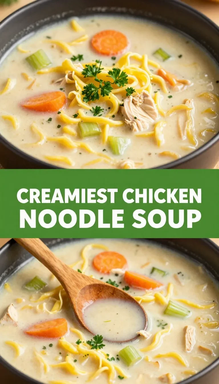 A bowl of creamy chicken noodle soup garnished with parsley and served with a slice of bread