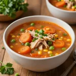 A variety of slow cooker chicken soups in bowls with fresh herbs
