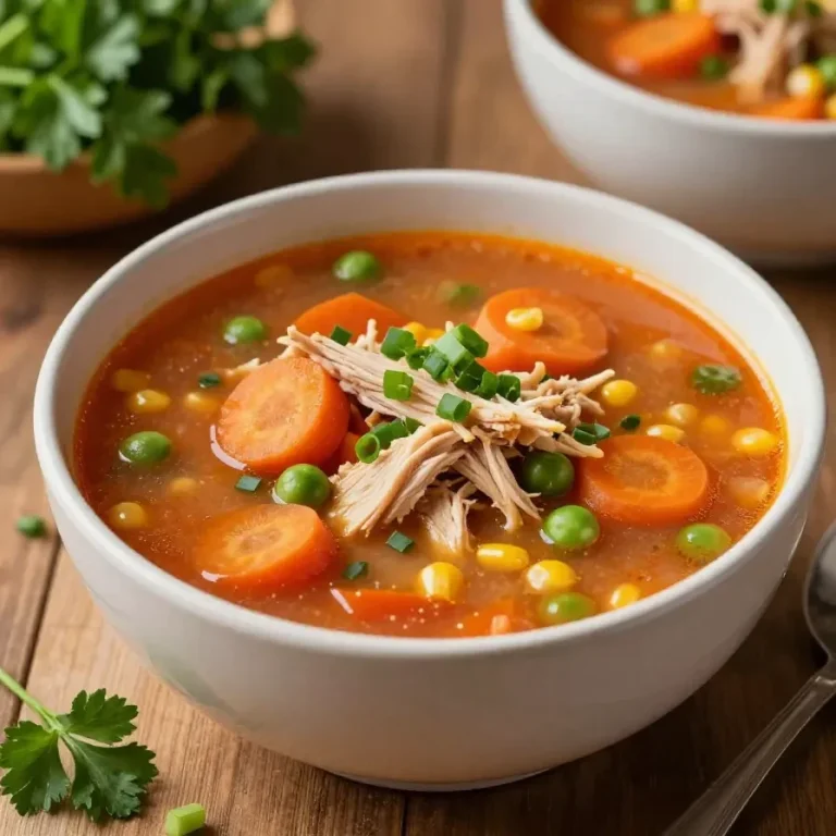 A variety of slow cooker chicken soups in bowls with fresh herbs