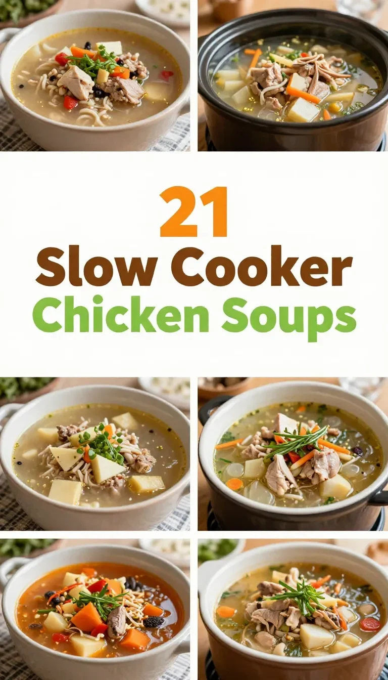 A variety of slow cooker chicken soups in bowls with fresh herbs