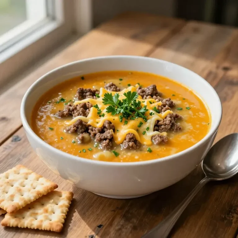 A bowl of cheesy crock pot hamburger potato soup garnished with green onions