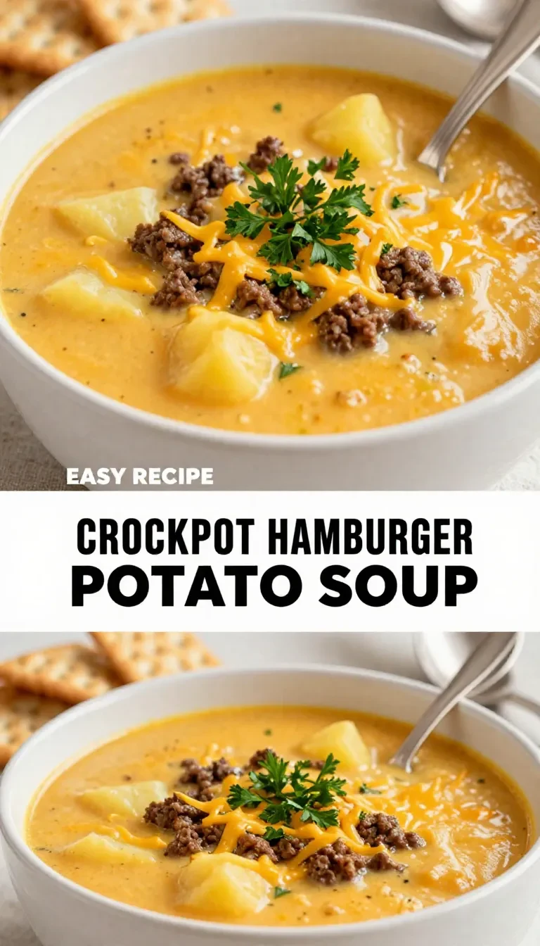 A bowl of cheesy crock pot hamburger potato soup garnished with green onions