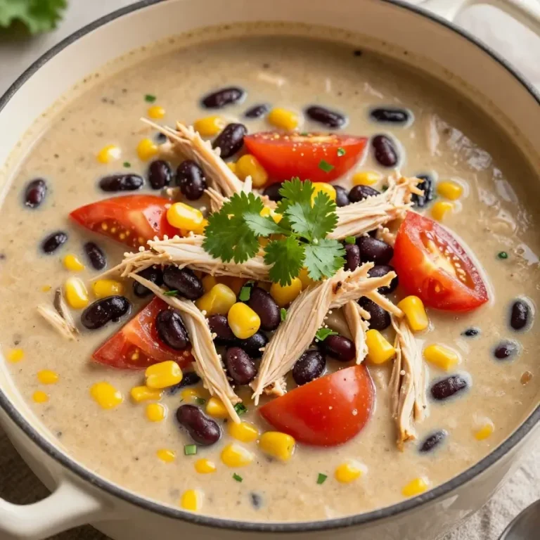 A bowl of creamy chicken taco soup garnished with cilantro and lime slices