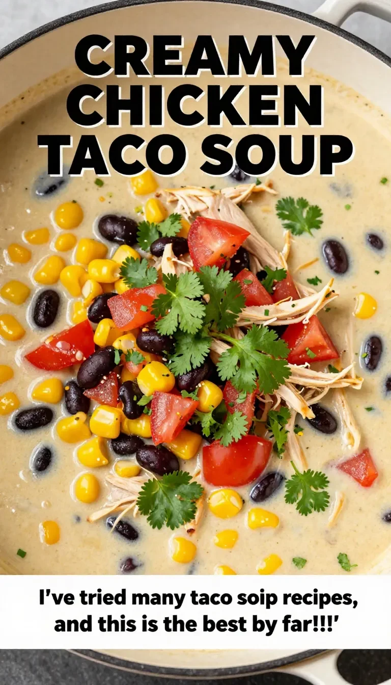 A bowl of creamy chicken taco soup garnished with cilantro and lime slices
