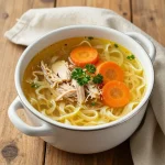 A steaming bowl of chicken noodle soup with fresh herbs and vegetables