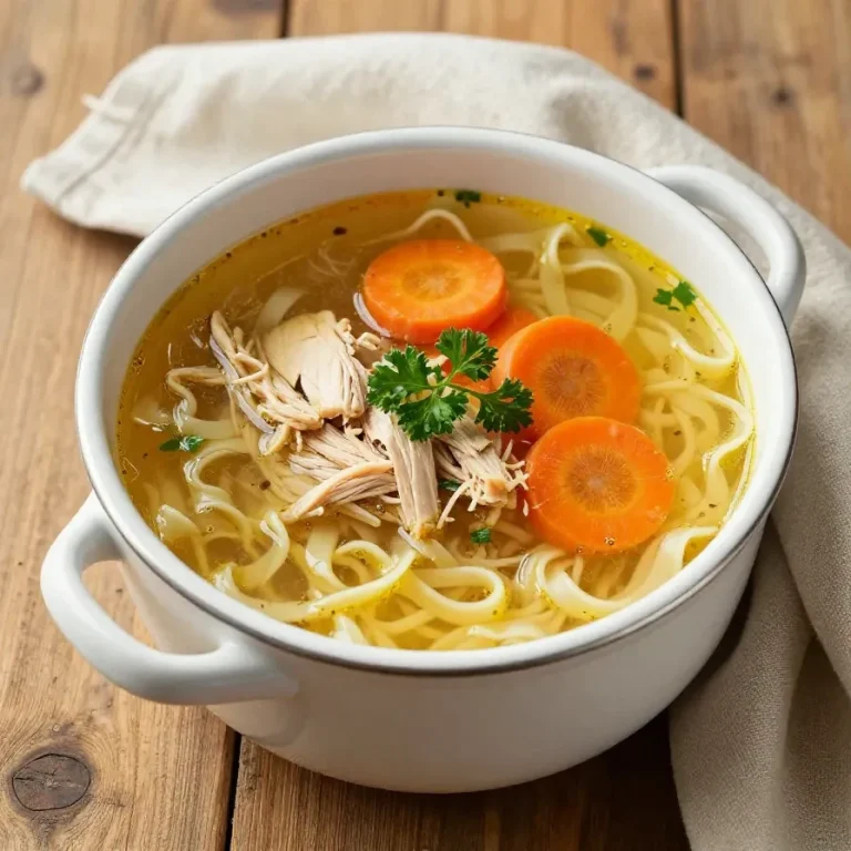 A steaming bowl of chicken noodle soup with fresh herbs and vegetables