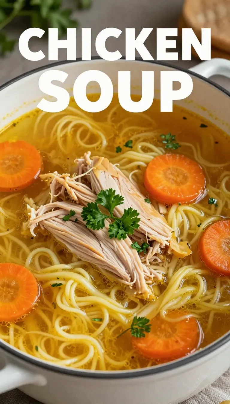 A steaming bowl of chicken noodle soup with fresh herbs and vegetables
