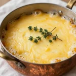 A bowl of steaming French onion soup topped with melted cheese and croutons