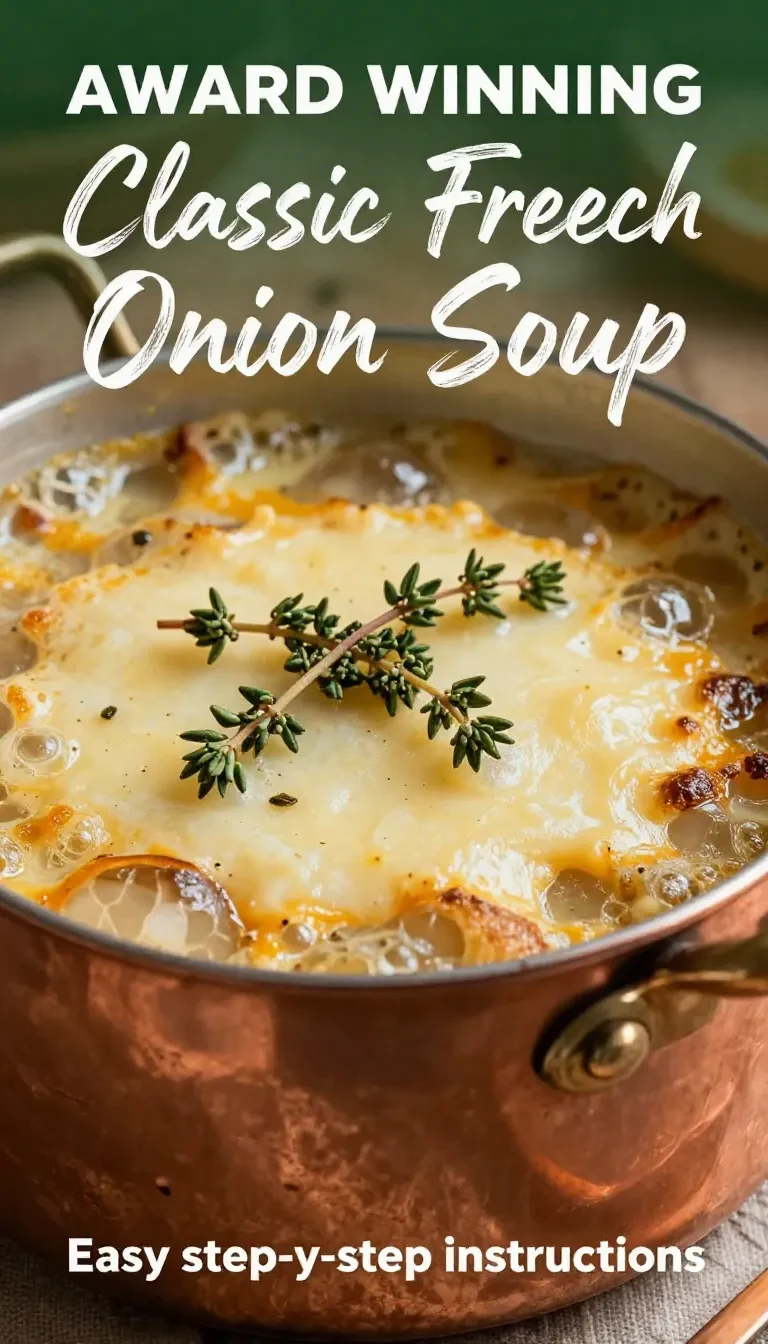A bowl of steaming French onion soup topped with melted cheese and croutons