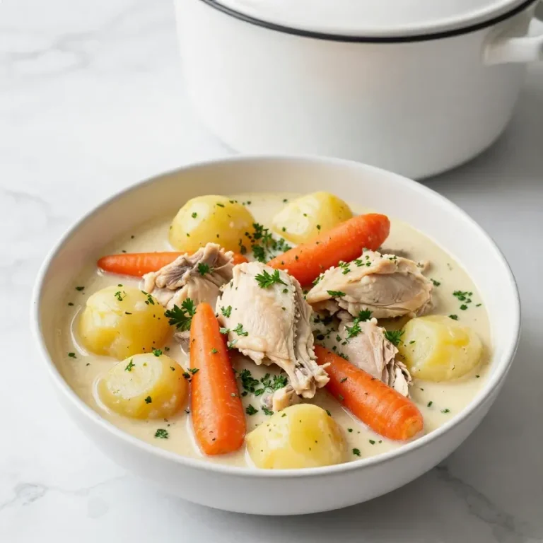 A bowl of Garlic Parmesan Chicken Stew garnished with fresh parsley