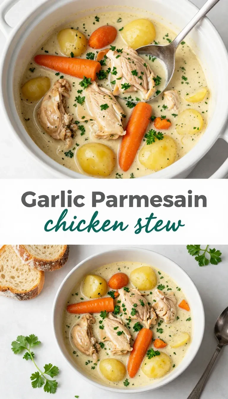 A bowl of Garlic Parmesan Chicken Stew garnished with fresh parsley