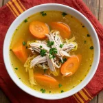 A steaming bowl of Italian chicken noodle soup garnished with fresh herbs