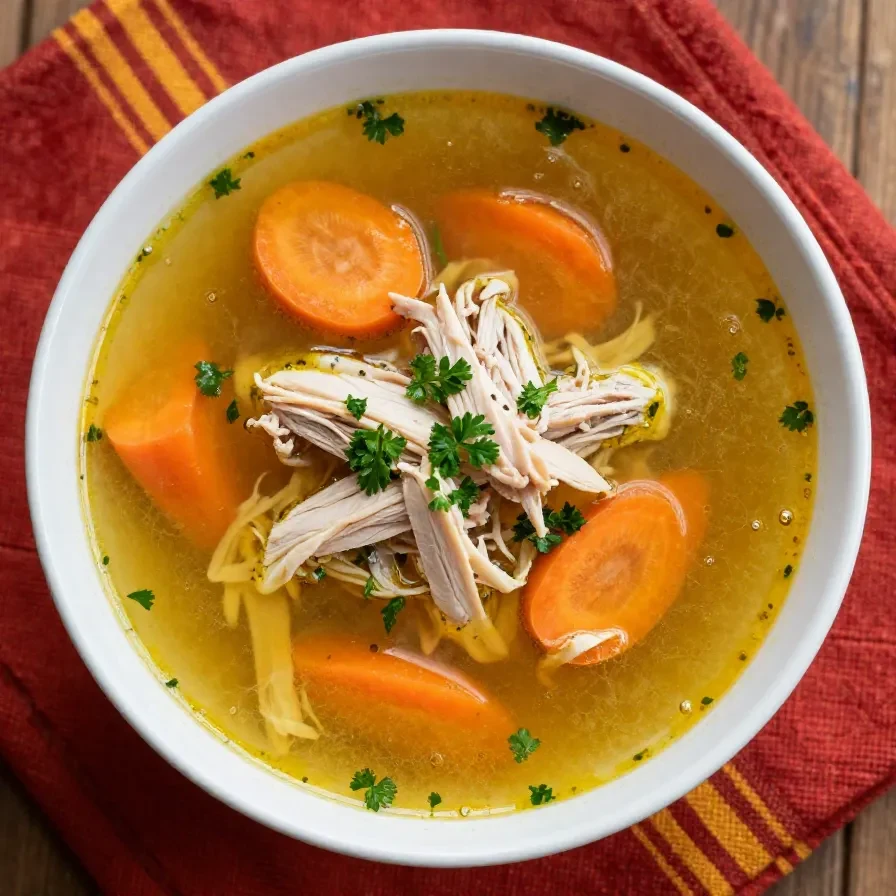 A steaming bowl of Italian chicken noodle soup garnished with fresh herbs
