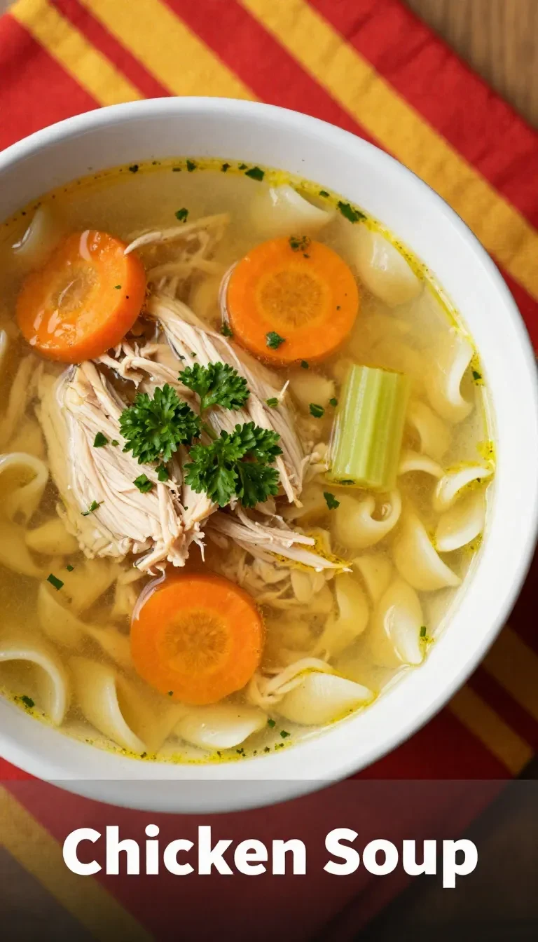 A steaming bowl of Italian chicken noodle soup garnished with fresh herbs