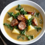 A bowl of Zuppa Toscana soup garnished with fresh kale and sausage
