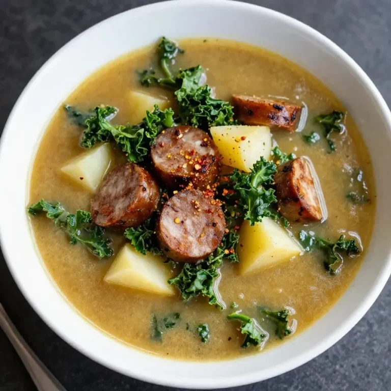 A bowl of Zuppa Toscana soup garnished with fresh kale and sausage