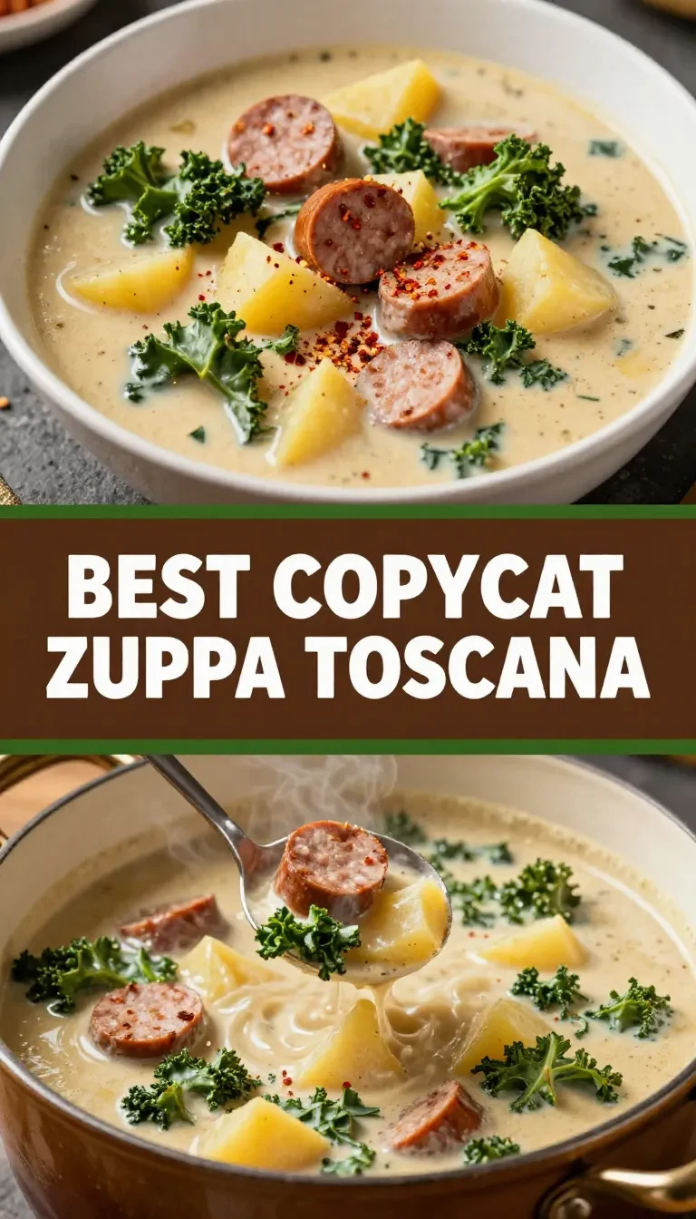 A bowl of Zuppa Toscana soup garnished with fresh kale and sausage