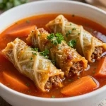 A steaming bowl of cabbage roll soup garnished with fresh herbs