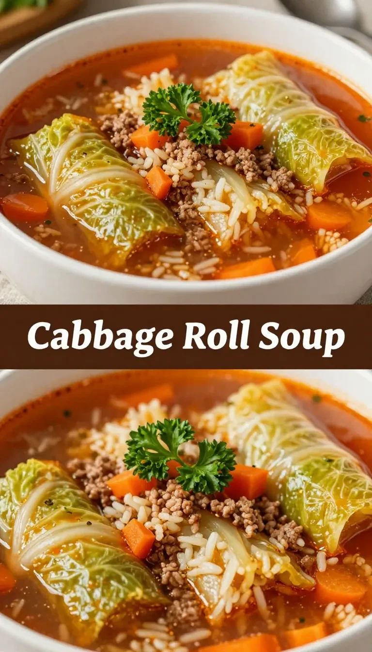 A steaming bowl of cabbage roll soup garnished with fresh herbs