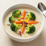 A bowl of creamy vegetable soup garnished with fresh herbs