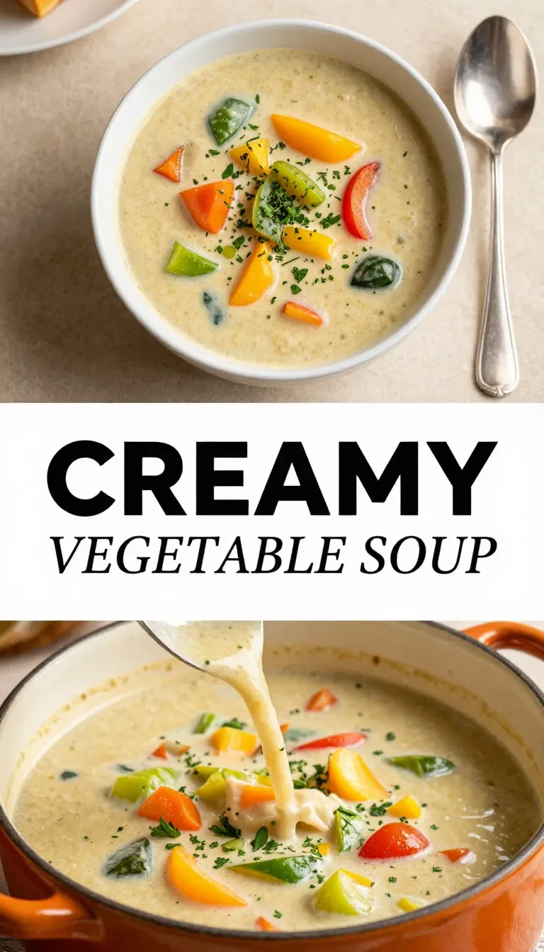 A bowl of creamy vegetable soup garnished with fresh herbs