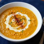 A bowl of curried lentil soup garnished with fresh cilantro and lime slices