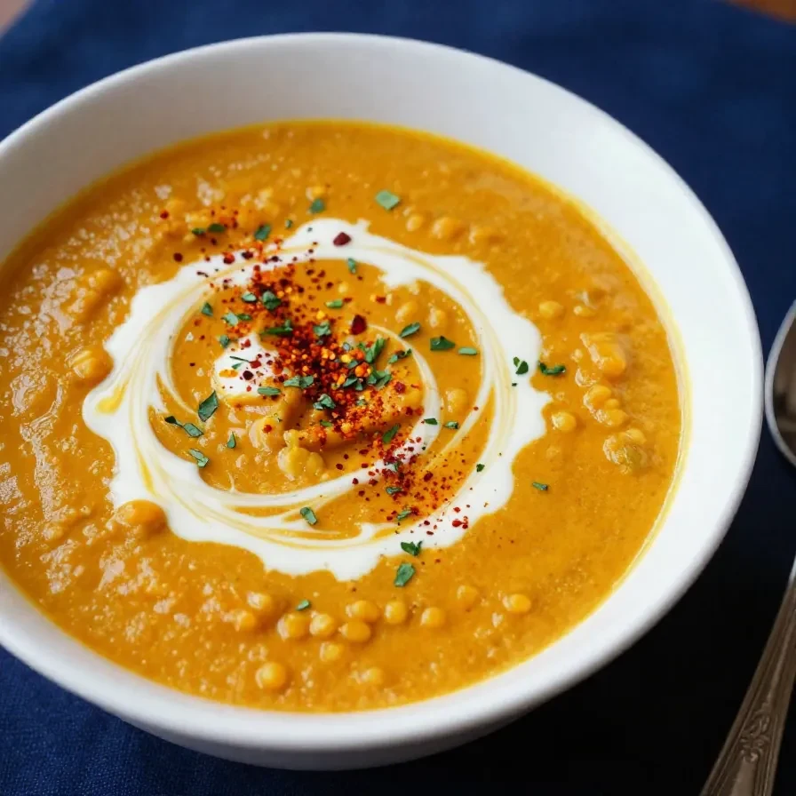 A bowl of curried lentil soup garnished with fresh cilantro and lime slices