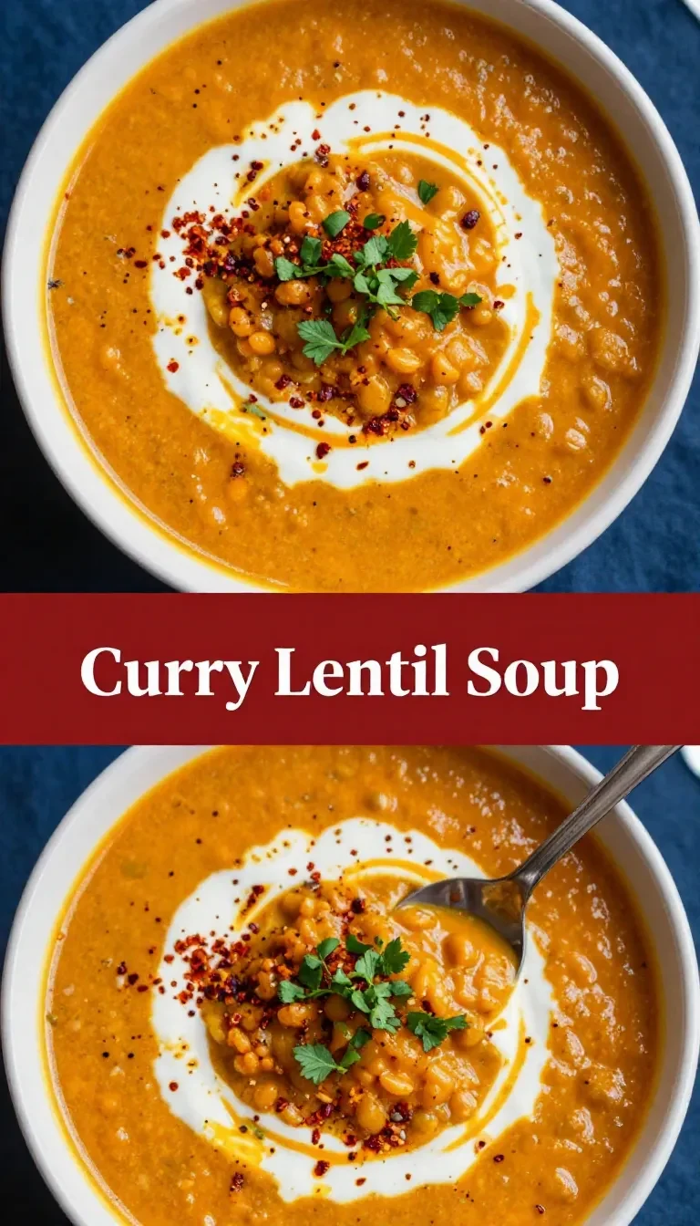 A bowl of curried lentil soup garnished with fresh cilantro and lime slices