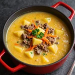 A creamy cheeseburger soup garnished with green onions and cheese in a bowl