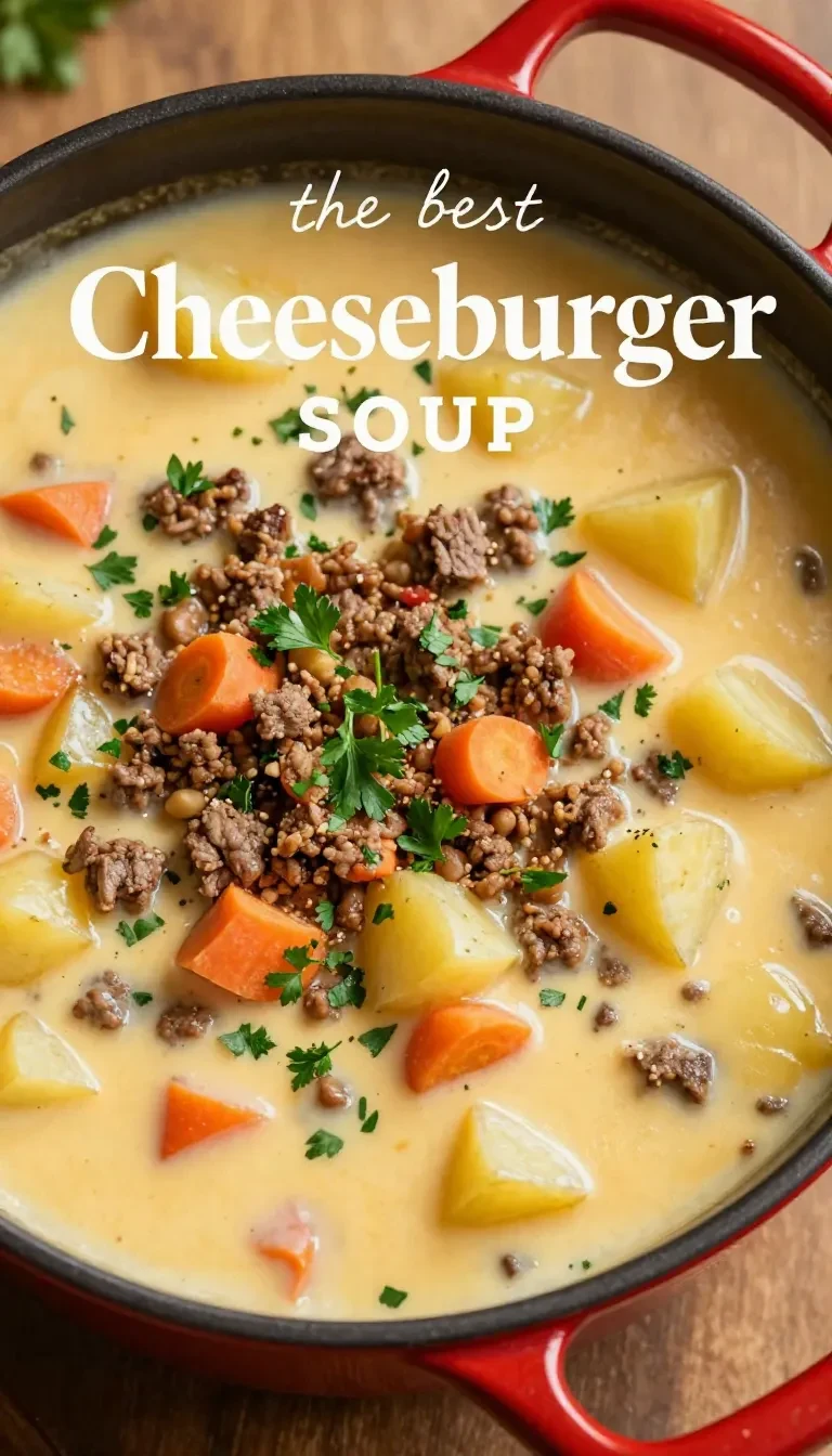 A creamy cheeseburger soup garnished with green onions and cheese in a bowl