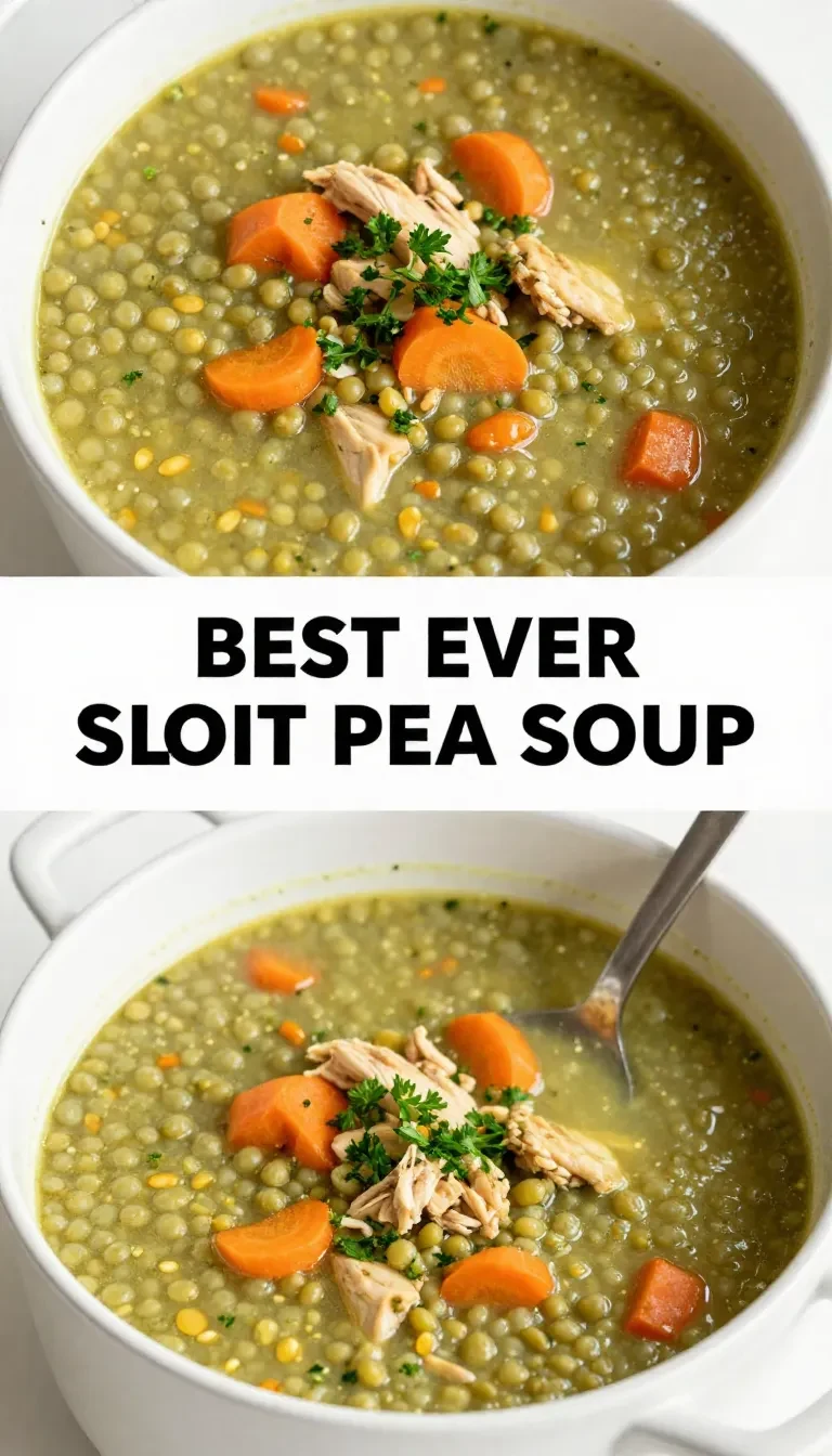 A bowl of creamy split pea soup garnished with croutons and fresh herbs