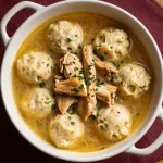 A steaming bowl of chicken and dumplings garnished with parsley