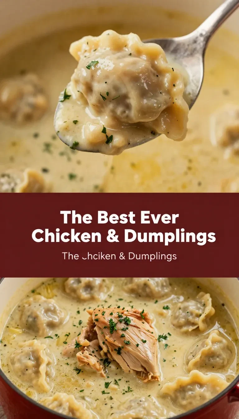 A steaming bowl of chicken and dumplings garnished with parsley