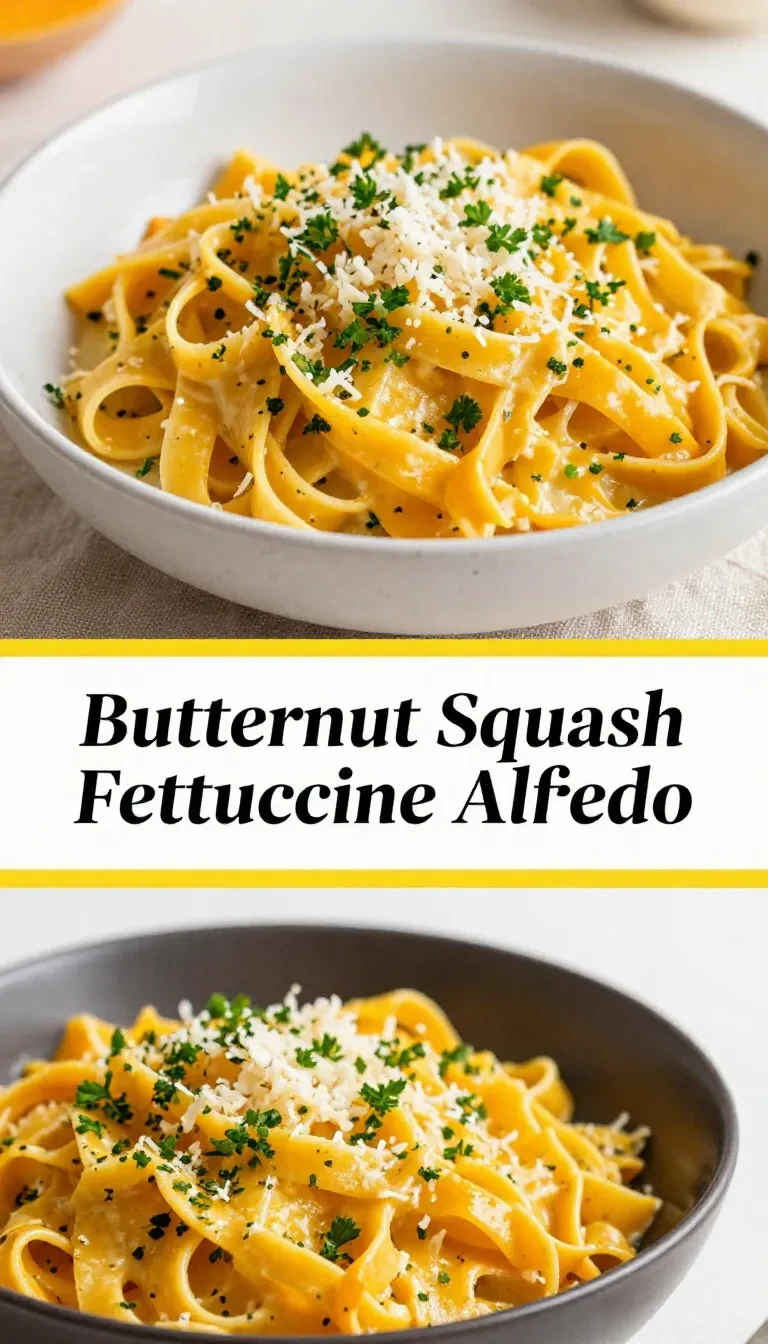 Creamy butternut squash alfredo pasta served in a bowl with fresh parsley