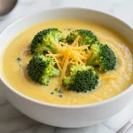 A bowl of creamy broccoli cheese soup garnished with fresh broccoli florets and cheese