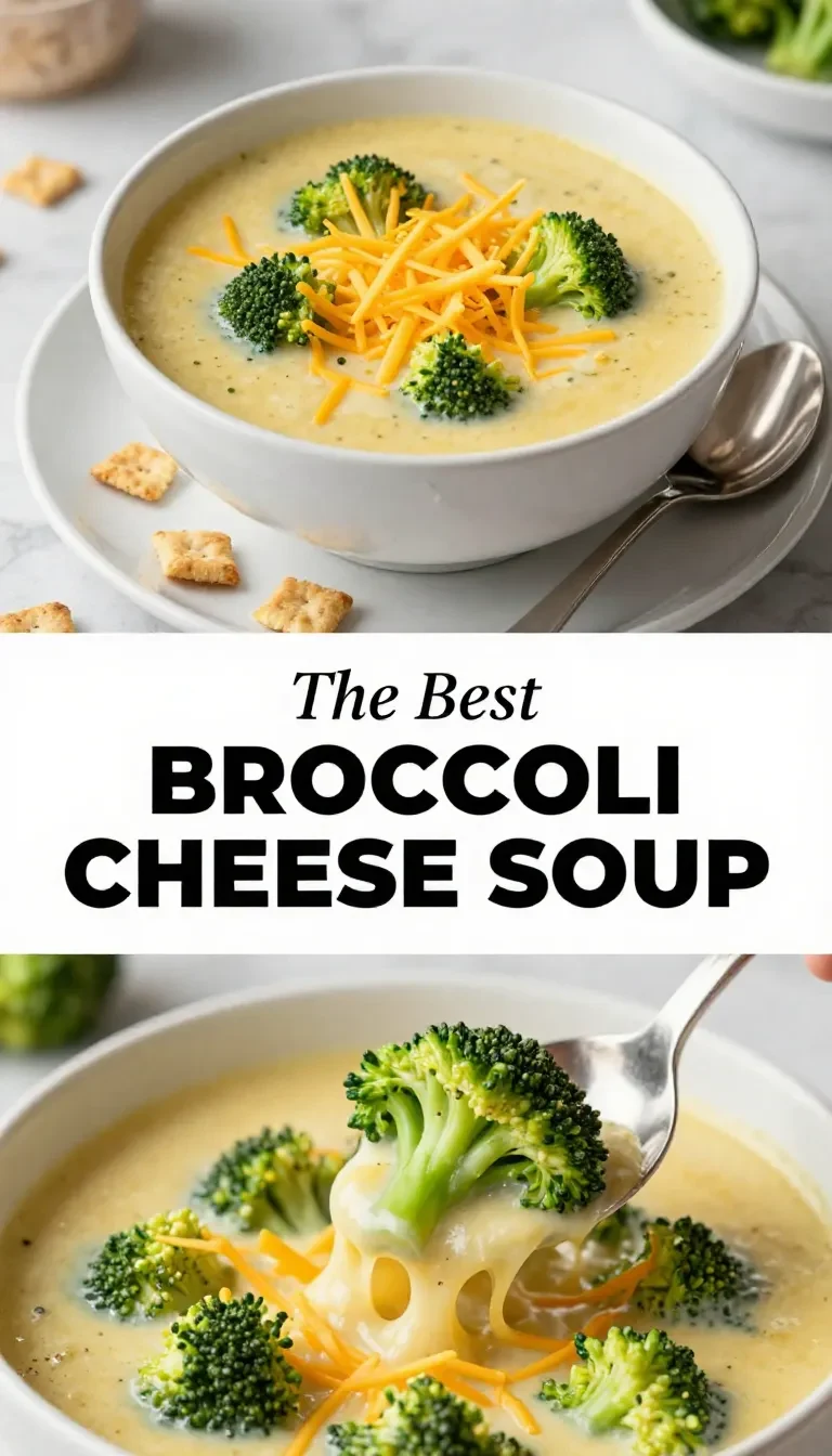 A bowl of creamy broccoli cheese soup garnished with fresh broccoli florets and cheese
